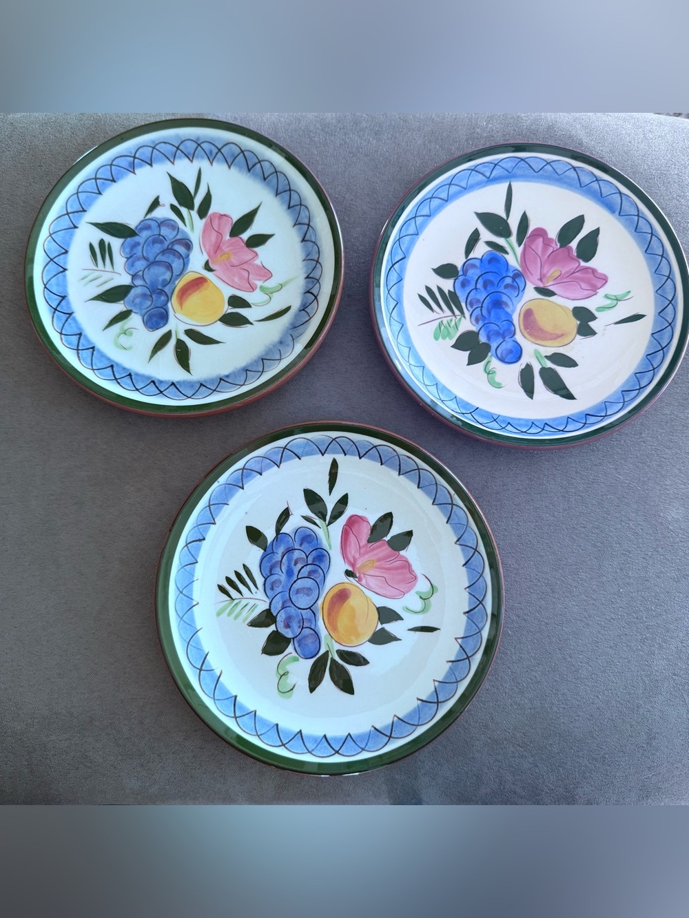 Vintage Stangl Hand-Painted Fruit Motif Salad Plates - Blue, Pink & Green